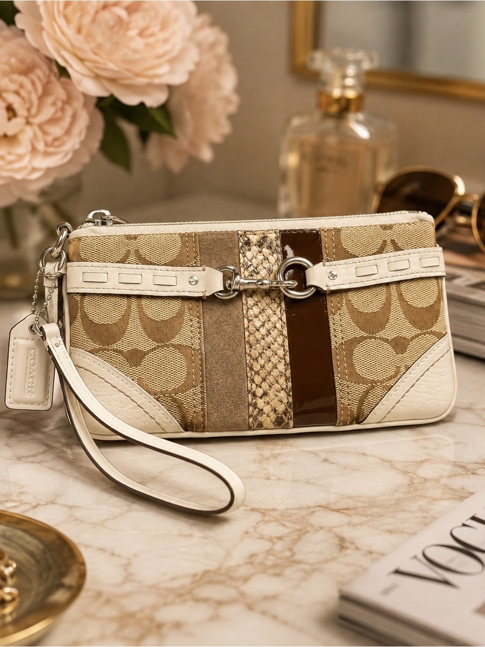 Coach Signature Patchwork Wristlet Clutch Y2K Khaki Cream Brown